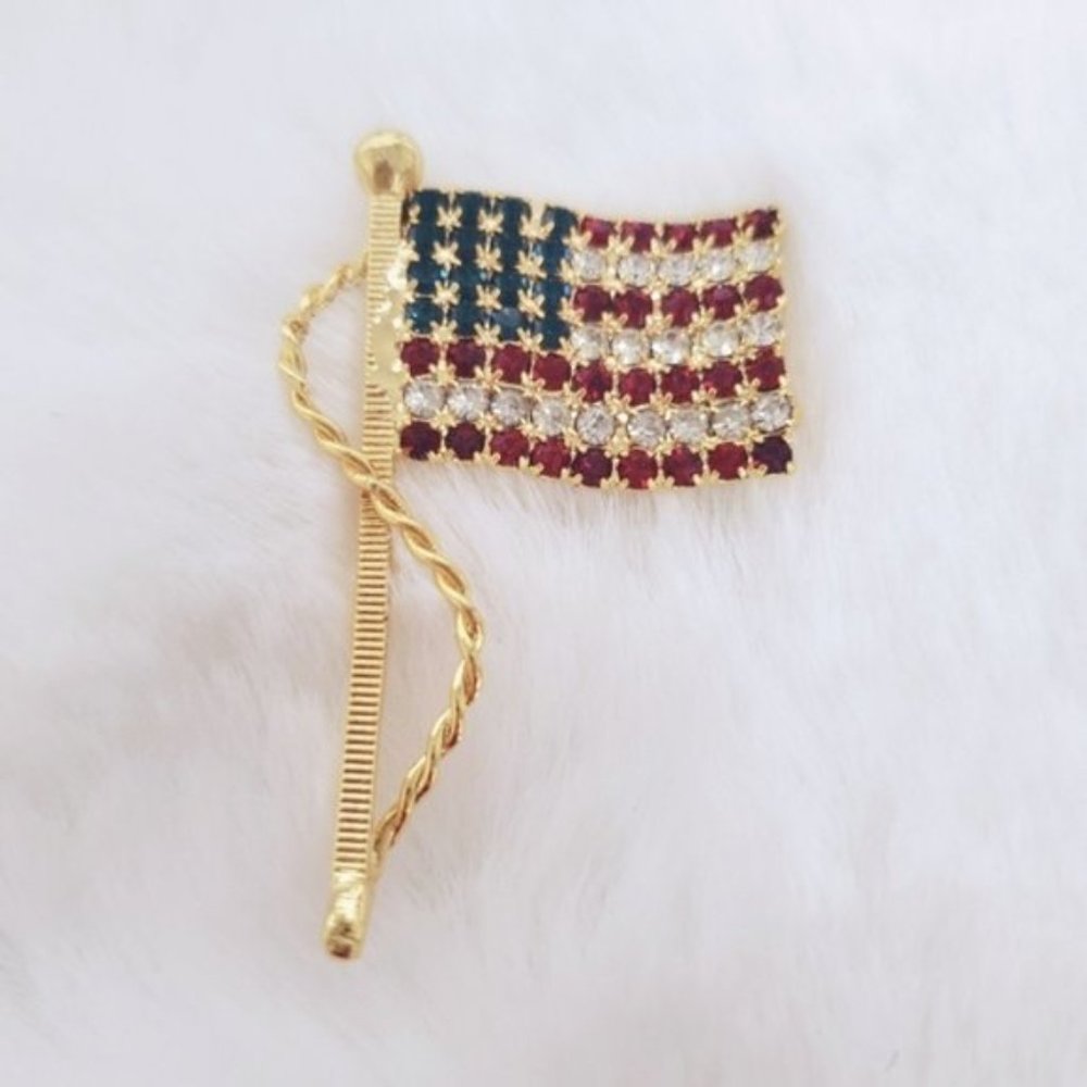 American Flag Gold & Rhinestone Brooch Pin